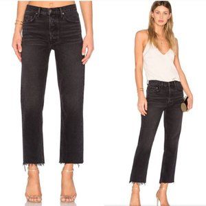 GRLFRND High-Rise Straight Jean Button Fly Raw Hem Black Helena SZ 28
